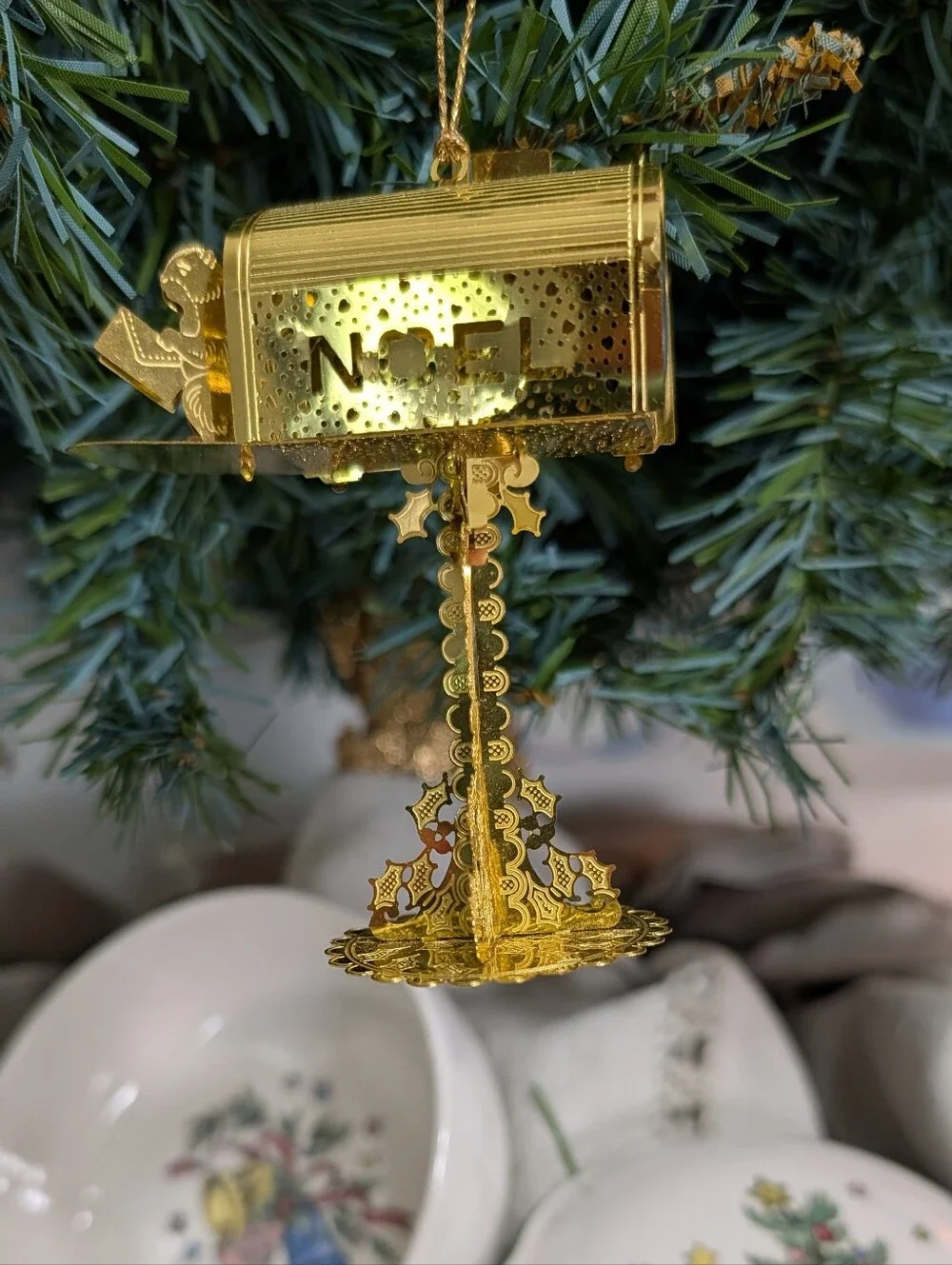 Vtg Christmas Ornament Gold Brass Metal Filigree Mailbox Shiny Santa Letter